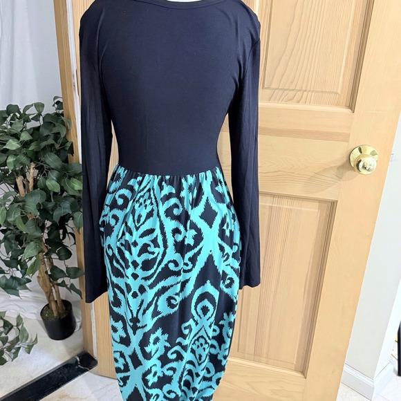 Grecerelle M Black Solid Top Black/Green Long Sleeve Maxi‎ Dress Comfy Pockets - Picture 4 of 11